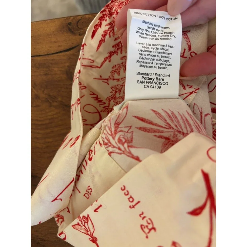 Pottery Barn Standard Pillowcase French Postcard Script Red Cream Cotton Toile
